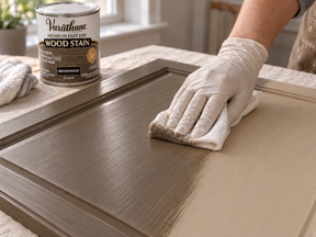 Gloved hand wiping Briarsmoke fast-drying wood stain onto a cabinet door with a cloth.