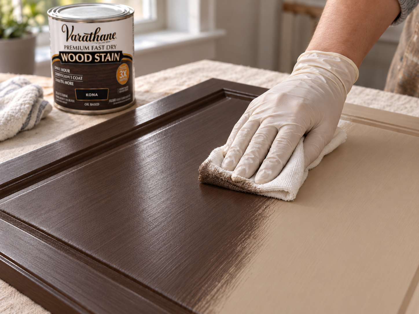 Gloved hand wiping Kona fast-drying wood stain onto a cabinet door with a cloth.