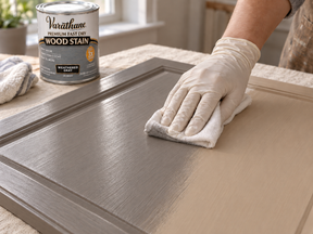 Gloved hand wiping Weathered Gray fast-drying wood stain onto a cabinet door with a cloth.