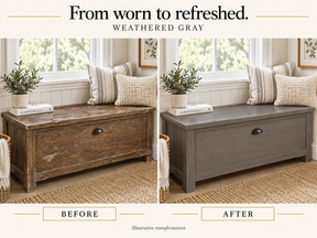 Illustrative before-and-after comparison of a worn wooden storage bench refinished in Weathered Gray.