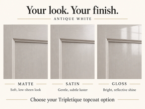 Antique White cabinet finish comparison: matte with low sheen, satin with subtle luster, and gloss with reflective shine.