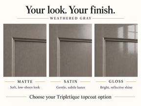 Weathered Gray cabinet finish comparison: matte with low sheen, satin with subtle luster, and gloss with reflective shine.