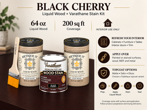 Black Cherry Liquid Wood and Varathane stain kit guide showing 64 oz of Liquid Wood, interior applications, preparation steps, and matte, satin, and gloss topcoat options.