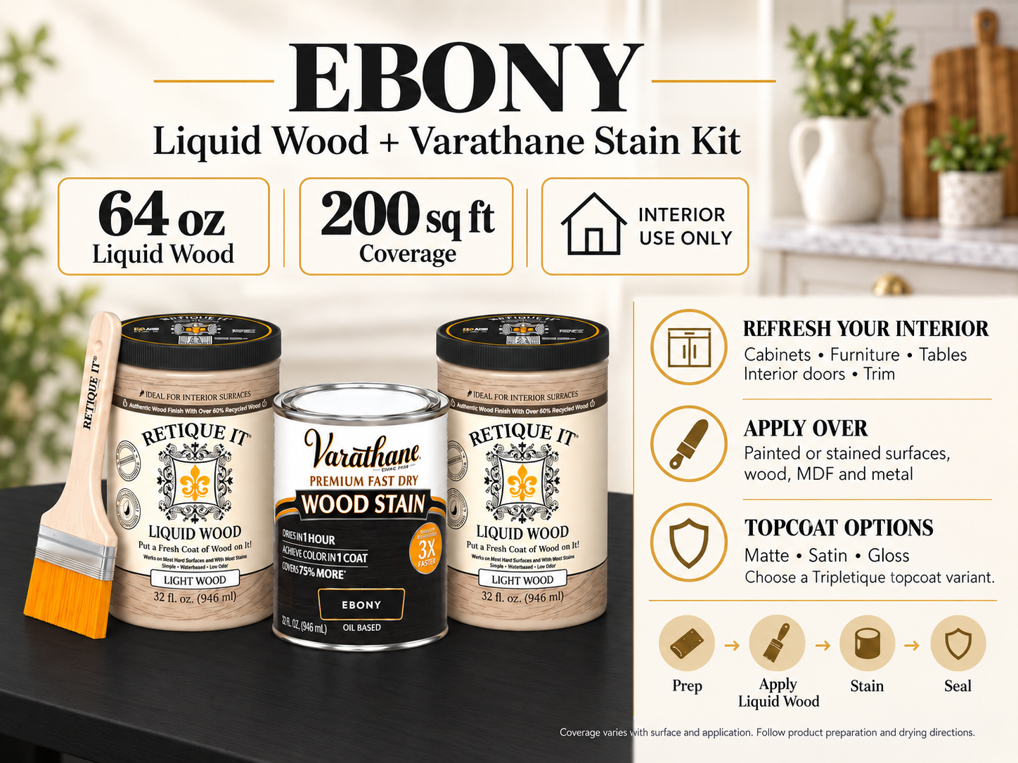Ebony Liquid Wood and Varathane stain kit guide showing 64 oz of Liquid Wood, interior applications, preparation steps, and matte, satin, and gloss topcoat options.