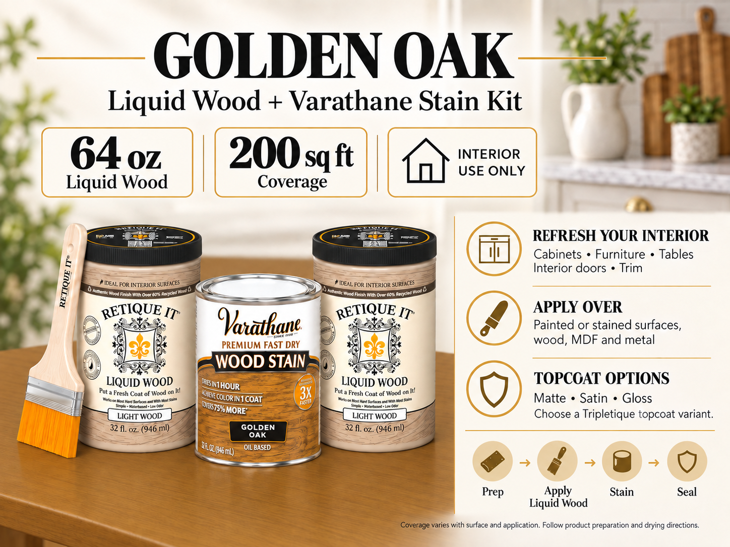 Golden Oak Liquid Wood and Varathane stain kit guide showing 64 oz of Liquid Wood, interior applications, preparation steps, and matte, satin, and gloss topcoat options.