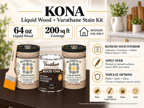 Kona Liquid Wood and Varathane stain kit guide showing 64 oz of Liquid Wood, interior applications, preparation steps, and matte, satin, and gloss topcoat options.