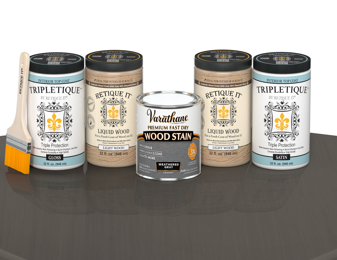 64 oz Retique It Liquid Wood kit with Weathered Gray stain, gloss Tripletique topcoat, and a paintbrush on a matching finished tabletop.