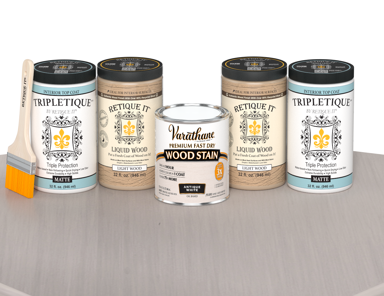 64 oz Retique It Liquid Wood kit with Antique White stain, matte Tripletique topcoat, and a paintbrush on a matching finished tabletop.