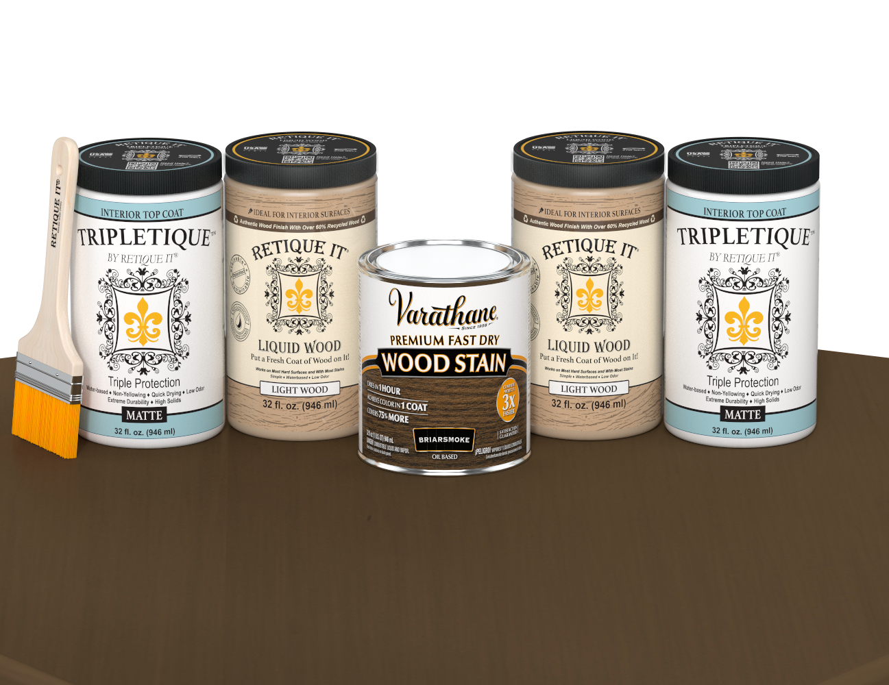 64 oz Retique It Liquid Wood kit with Briarsmoke stain, matte Tripletique topcoat, and a paintbrush on a matching finished tabletop.