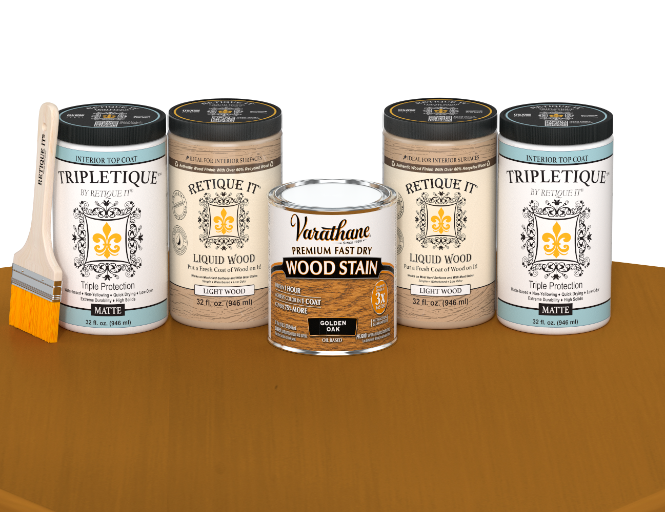 64 oz Retique It Liquid Wood kit with Golden Oak stain, matte Tripletique topcoat, and a paintbrush on a matching finished tabletop.