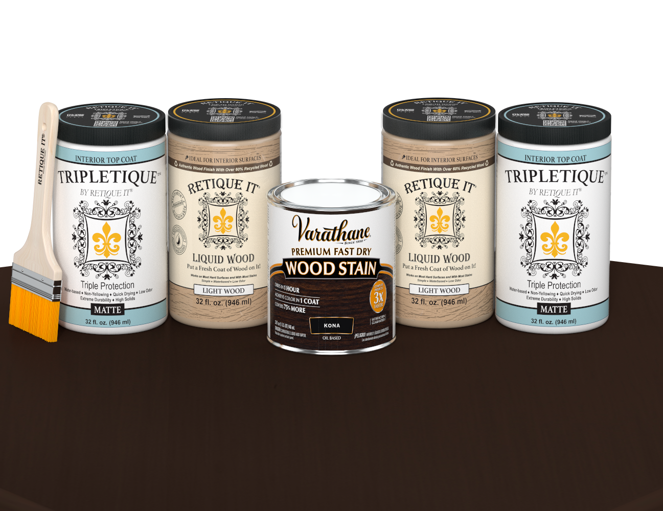 64 oz Retique It Liquid Wood kit with Kona stain, matte Tripletique topcoat, and a paintbrush on a matching finished tabletop.