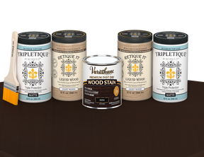 64 oz Retique It Liquid Wood kit with Kona stain, matte Tripletique topcoat, and a paintbrush on a matching finished tabletop.