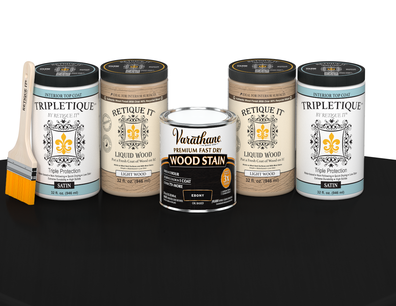 64 oz Retique It Liquid Wood kit with Ebony stain, satin Tripletique topcoat, and a paintbrush on a matching finished tabletop.