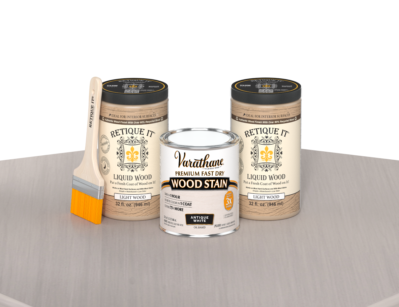 64 oz Retique It Liquid Wood kit with Varathane Antique White stain and a paintbrush on a matching finished tabletop.