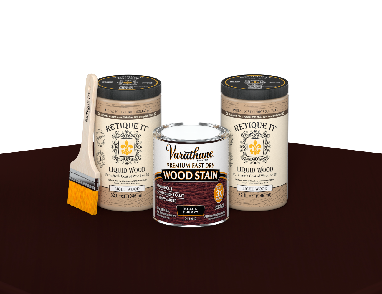 64 oz Retique It Liquid Wood kit with Varathane Black Cherry stain and a paintbrush on a matching finished tabletop.