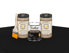 64 oz Retique It Liquid Wood kit with Varathane Ebony stain and a paintbrush on a matching finished tabletop.