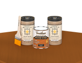 64 oz Retique It Liquid Wood kit with Varathane Traditional Cherry stain and a paintbrush on a matching finished tabletop.