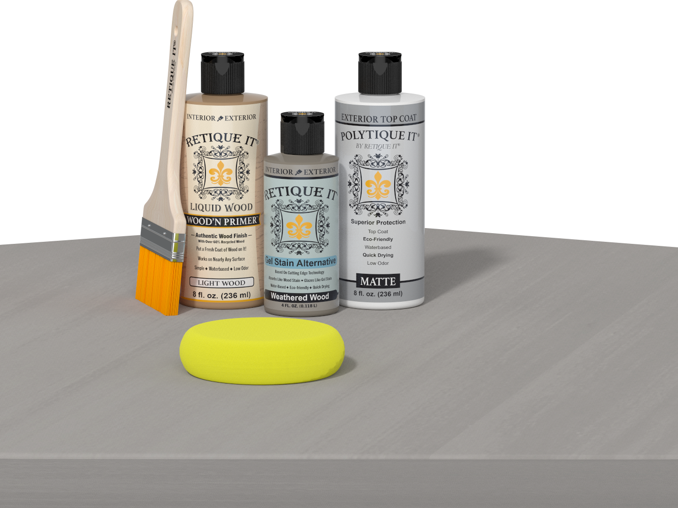 Retique It® Wood'n Finish Kit in Weathered Wood with smooth top coat, shown on a wooden table for exterior wood finishing.