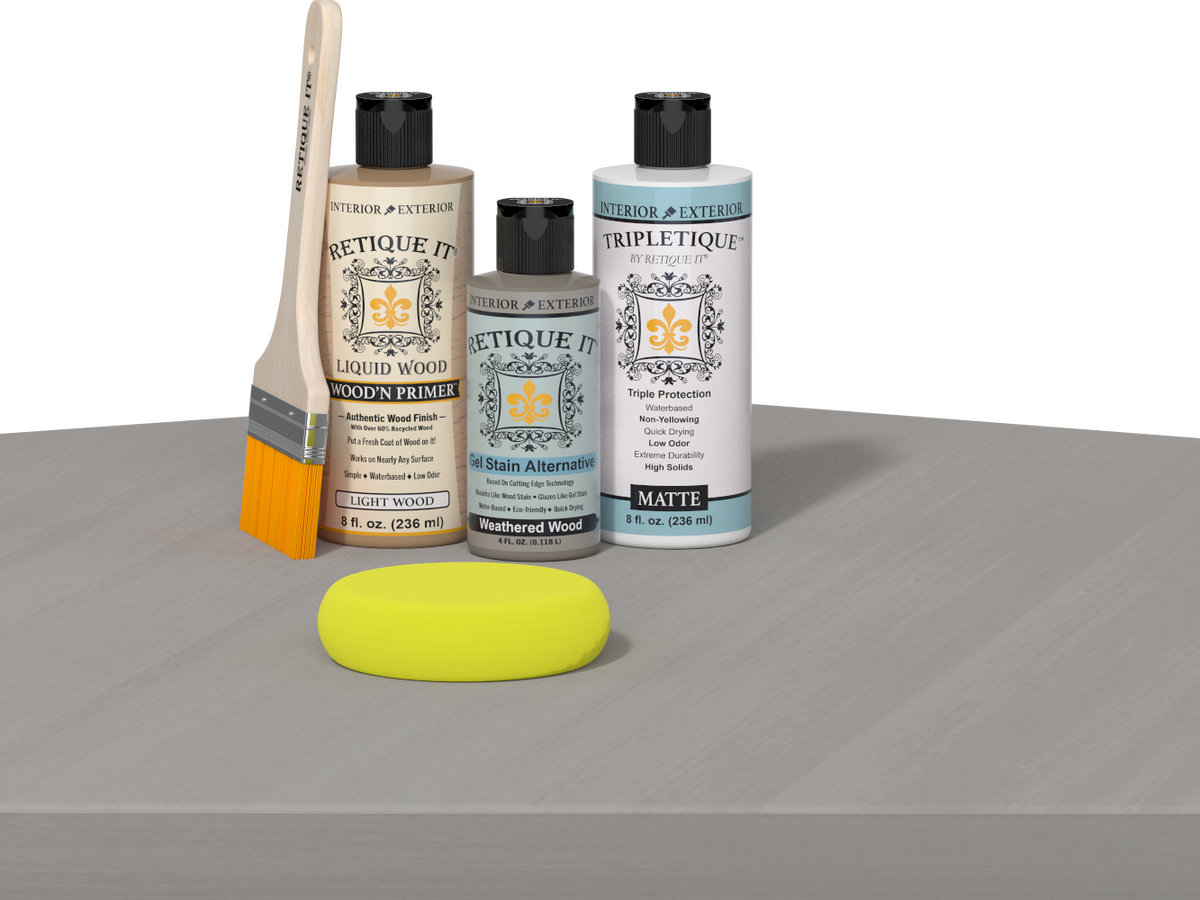 Retique It® wood finish kit in weathered wood for interior projects, featuring smooth top coat application on a table.