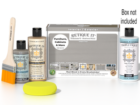 Retique It® Wood'n Finish Kit in Weathered Wood with smooth top coat for interior projects, shown with application tools and sample finish.