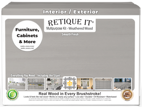 Retique It® multi-purpose wood finish kit in weathered wood, showing four large bottles of smooth finish for furniture projects.