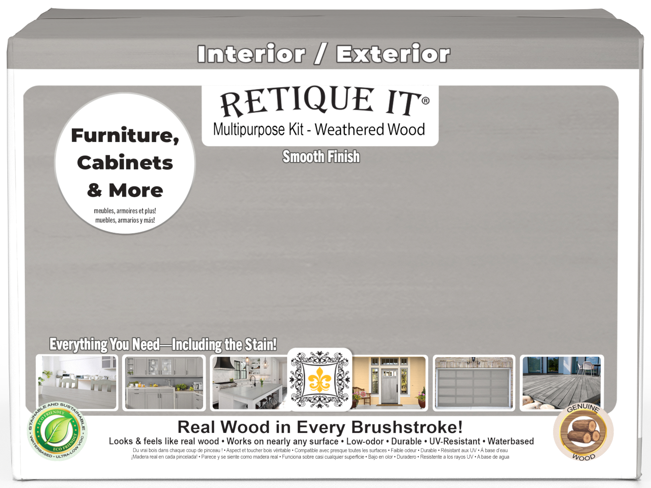 Retique It® Multi-purpose Smooth Finish Kit in Weathered Wood for exterior wood surfaces, includes four large top coat containers.