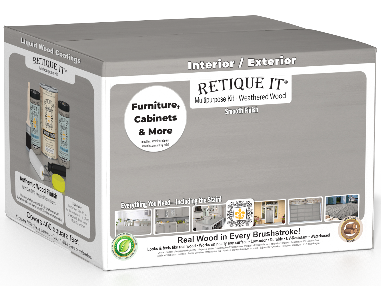 Retique It® Weathered Wood Multi-purpose Smooth Finish Kit with four large containers, ideal for wood finishing projects.