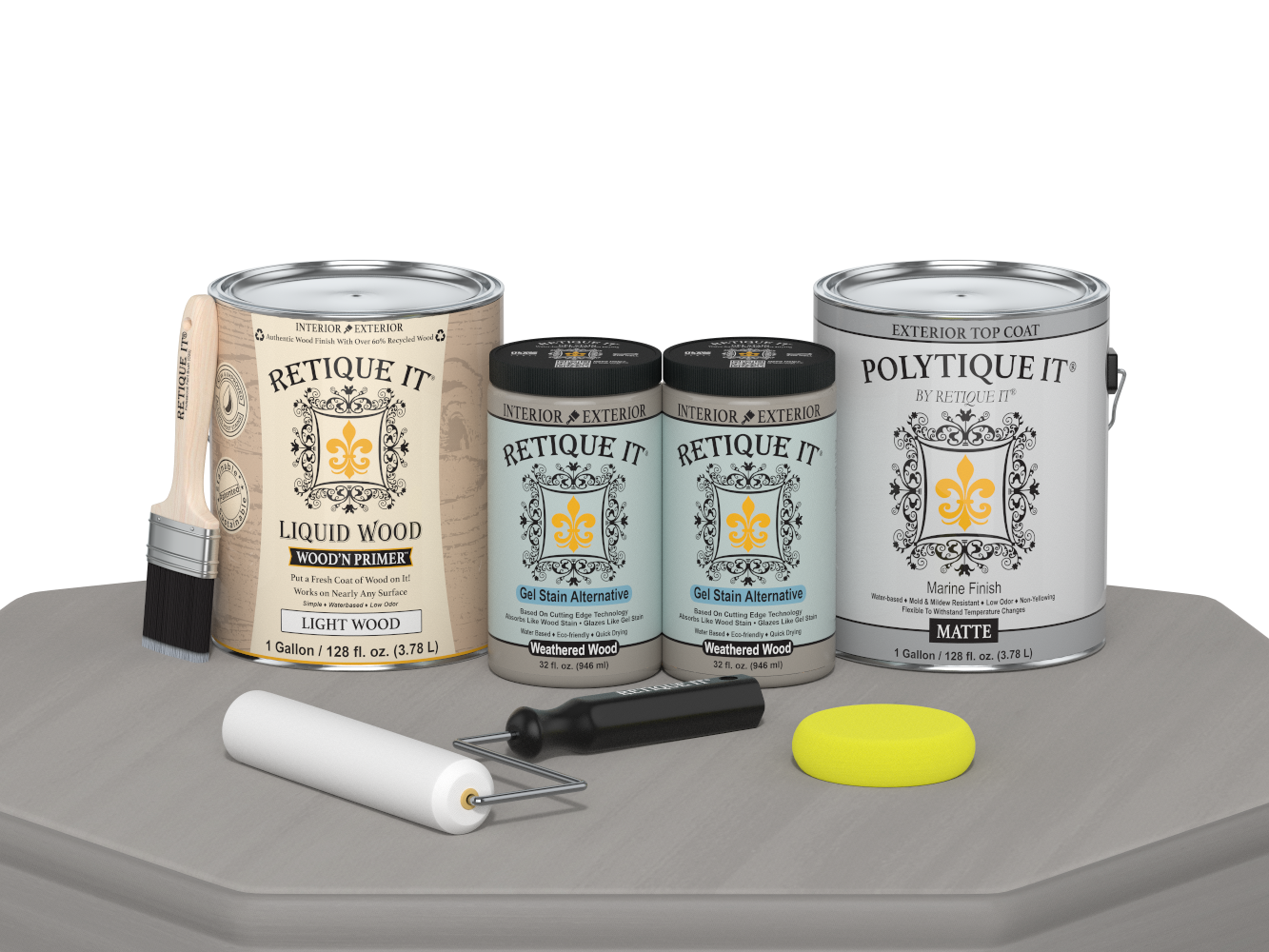 Retique It® Weathered Wood exterior top coat kit with four large containers of smooth finish for wood furniture and surfaces.