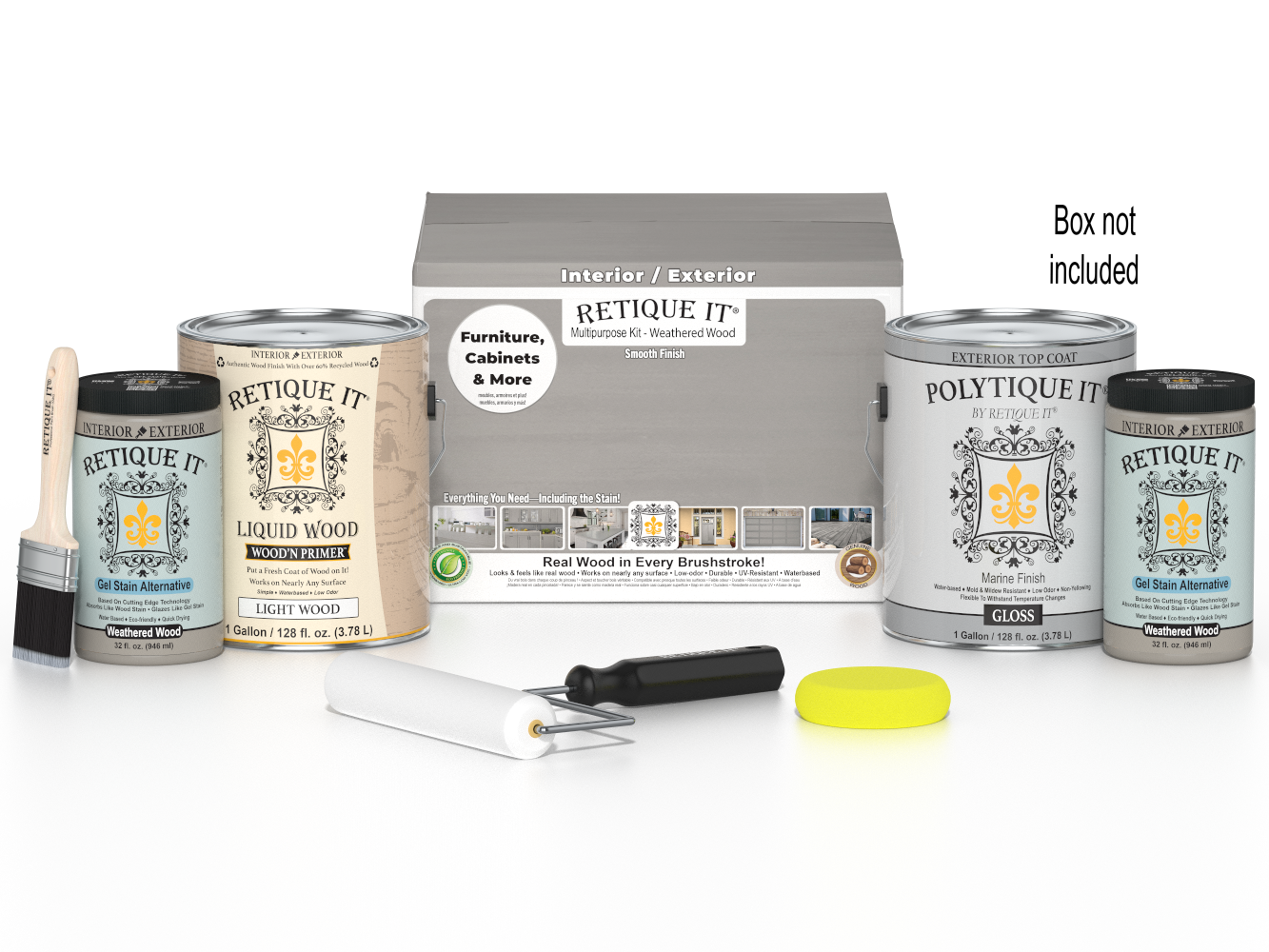 Retique It® Weathered Wood Multi-purpose Smooth Finish Kit with 4 large exterior top coats in a box, designed for wood finishing.
