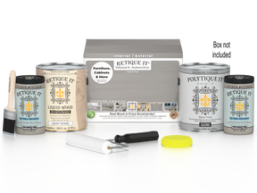 Retique It® Weathered Wood Multi-purpose Smooth Finish Kit with 4 large exterior top coats in a box, designed for wood finishing.