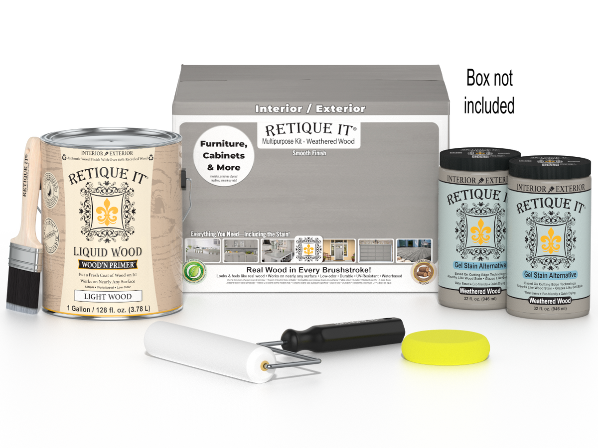 Retique It® multi-purpose wood finish kit with four large weathered wood stain and sealant bottles, perfect for furniture and crafts.