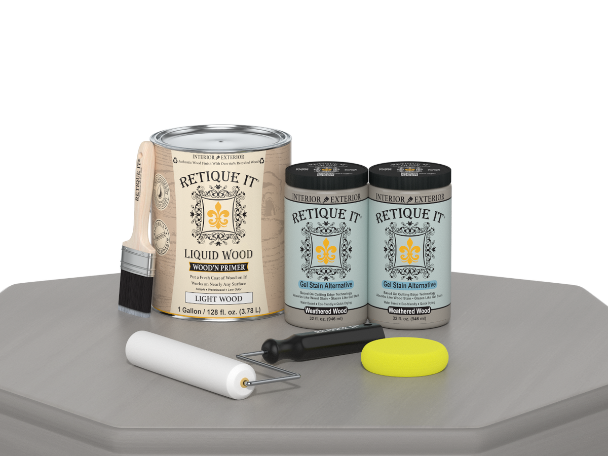 Retique It® Weathered Wood Multi-purpose Smooth Finish Kit with four large containers, ideal for wood finishing projects.