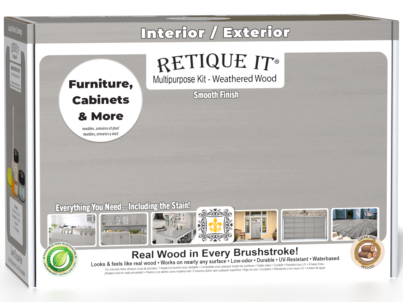 Retique It® Multi-purpose Smooth Finish Kit in Weathered Wood, medium size, with wood finish tools and materials displayed in the box.