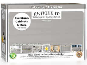 Retique It® Multi-purpose Smooth Finish Kit in Weathered Wood, medium size, with wood finish tools and materials displayed in the box.