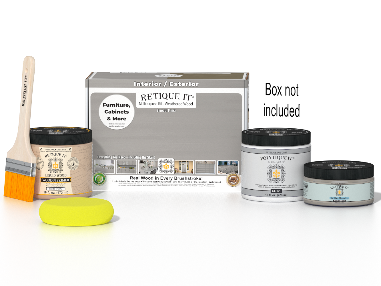Retique It® Wood'n Finish Kit in Weathered Wood for exterior top coat with smooth finish, includes applicator and product box.