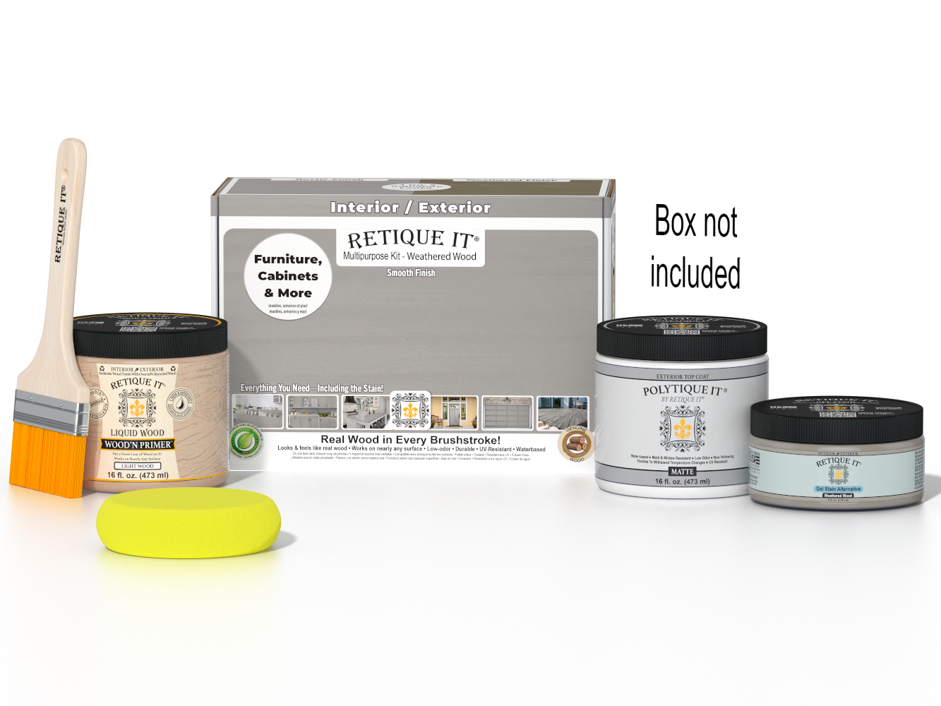 Retique It® Multi-purpose Smooth Finish Kit in Weathered Wood for exterior wood projects, includes top coat and application tools.