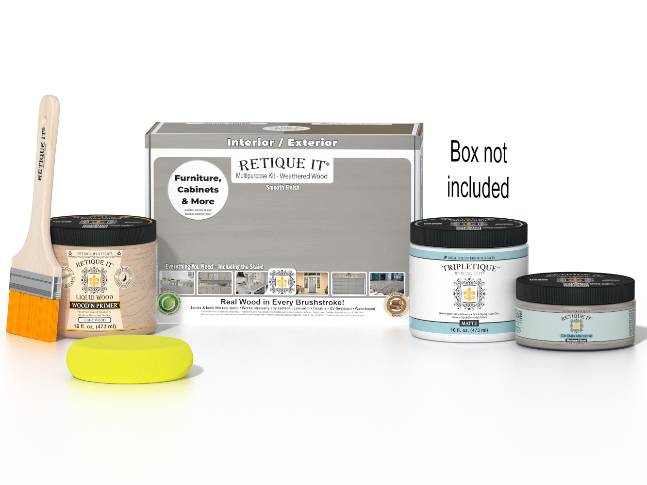 Retique It® Weathered Wood Multi-purpose Smooth Finish Kit for interior top coat, includes wood finish materials and tools.