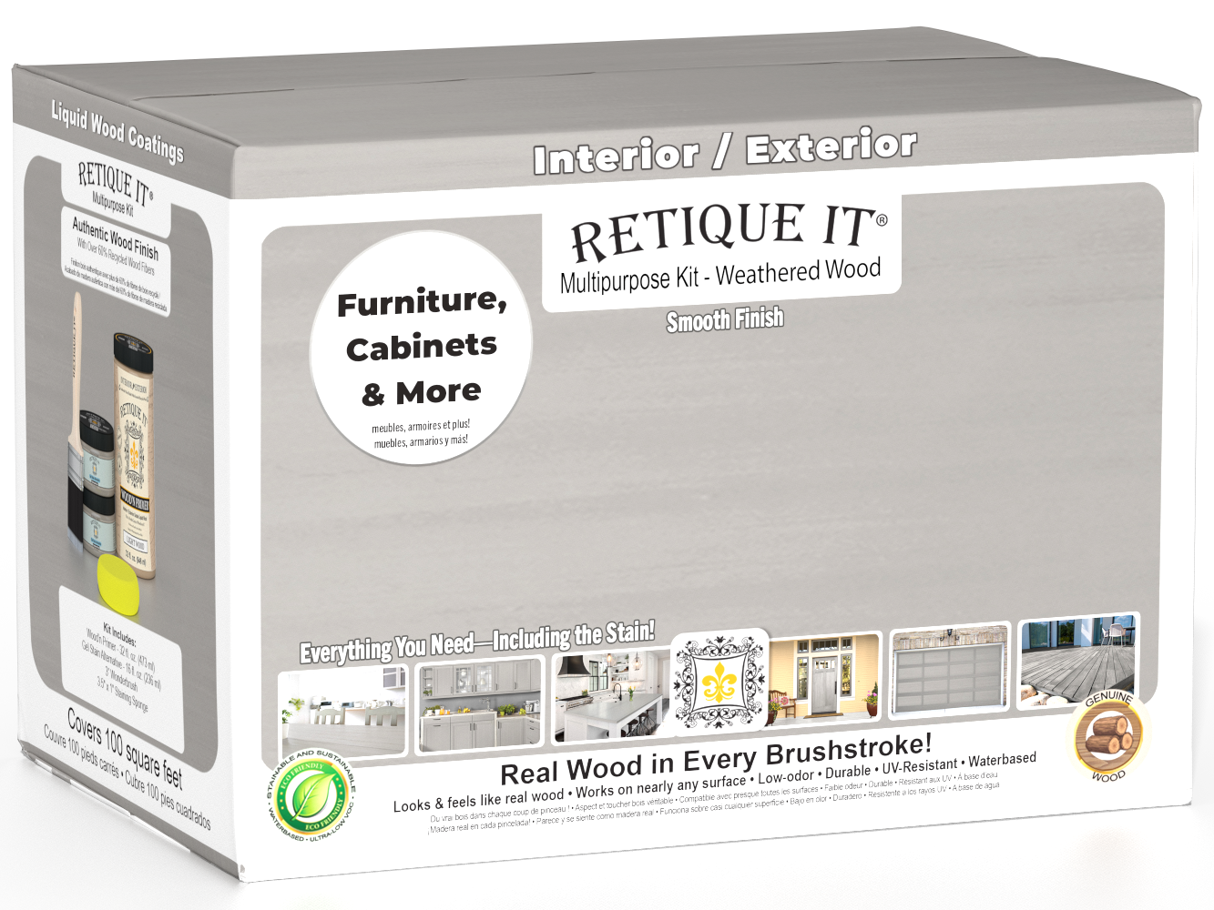 Large Weathered Wood Multi-purpose Smooth Finish Kit by Retique It® for interior wood top coating, includes tools and materials.