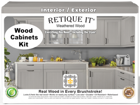 Weathered wood cabinet doors from Retique It® Wood'n Cabinet Kit with 24 smooth doors for a rustic stained look.
