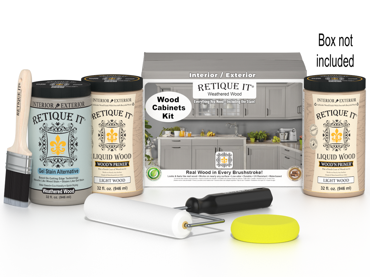 Weathered wood stain kit for cabinets with 24 smooth doors from Retique It® Wood'n Cabinet Kit series.