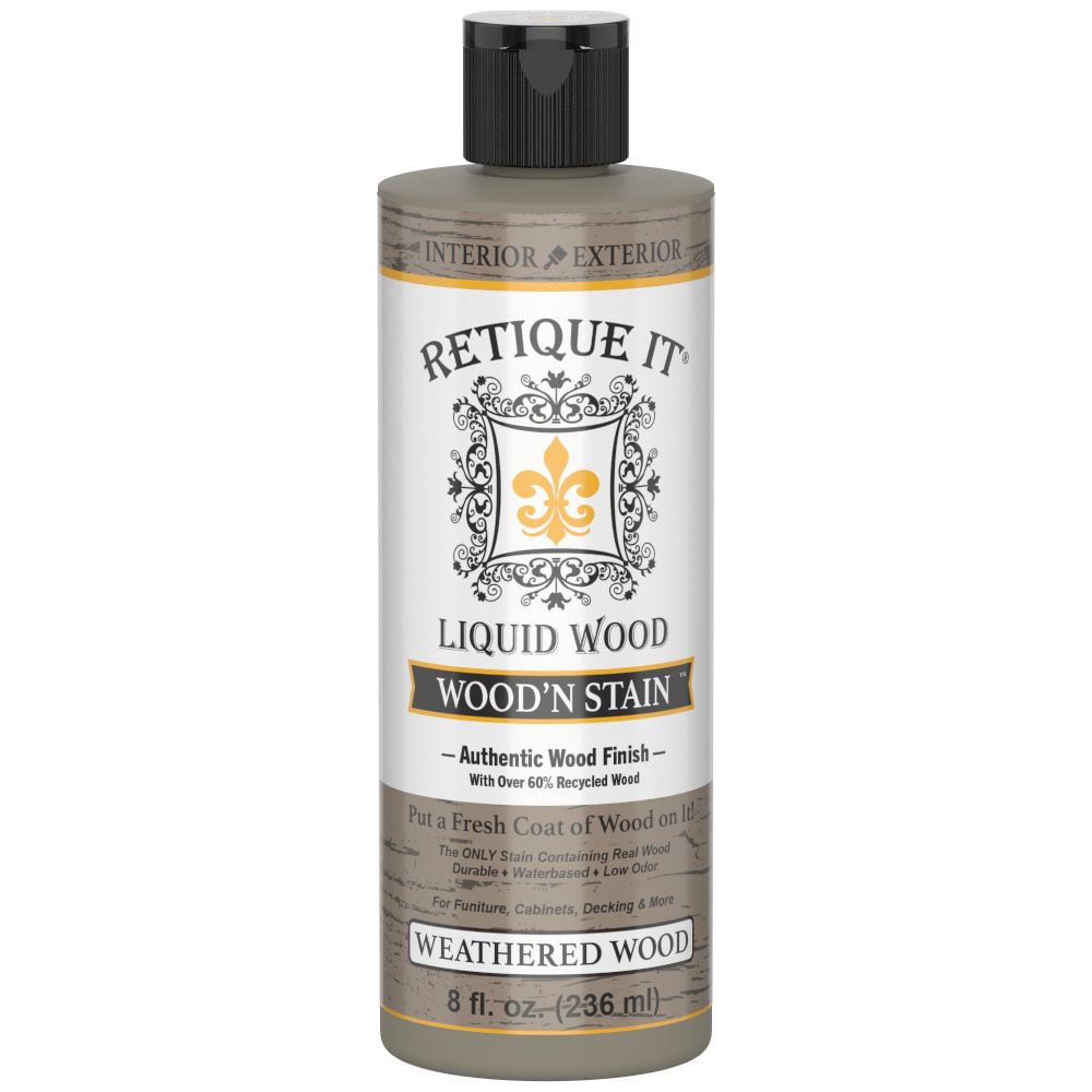 Retique It Liquid Wood Wood'n Stain in Weathered Wood, 8 oz, showing the stain applied to a wooden surface.
