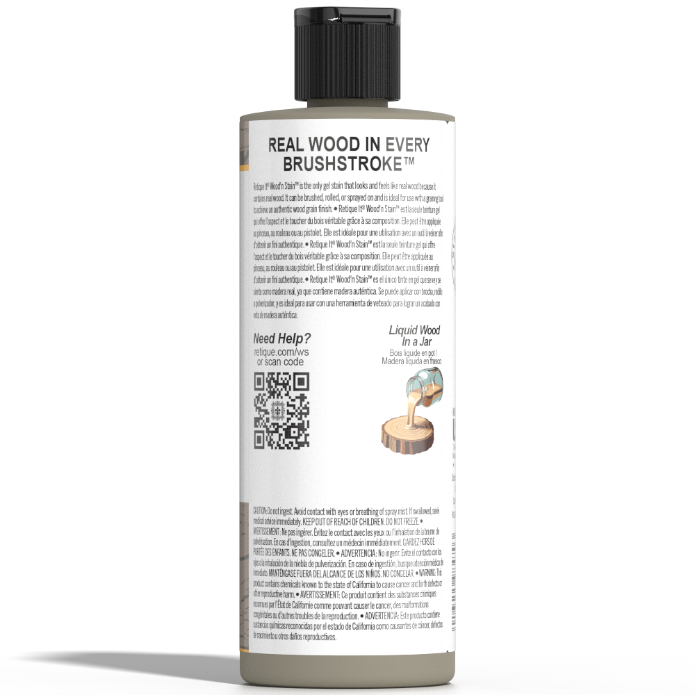 Retique It Liquid Wood Wood'n Stain in Weathered Wood, 8 oz bottle showing the stain's weathered wood finish and color.