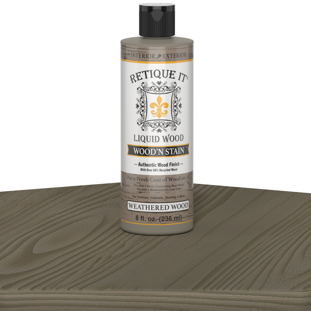 Retique It Liquid Wood Wood'n Stain in Weathered Wood, 8 oz, showing a sample of the weathered wood stain color and texture.
