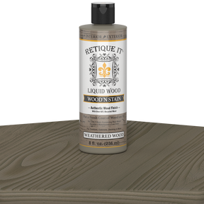 Retique It Liquid Wood Wood'n Stain in Weathered Wood, 8 oz, showing a sample of the weathered wood stain color and texture.