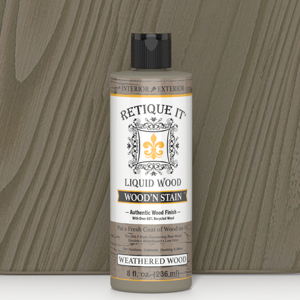 Retique It Liquid Wood Wood'n Stain in Weathered Wood, 8 oz, showing the stain's textured finish on wood surface