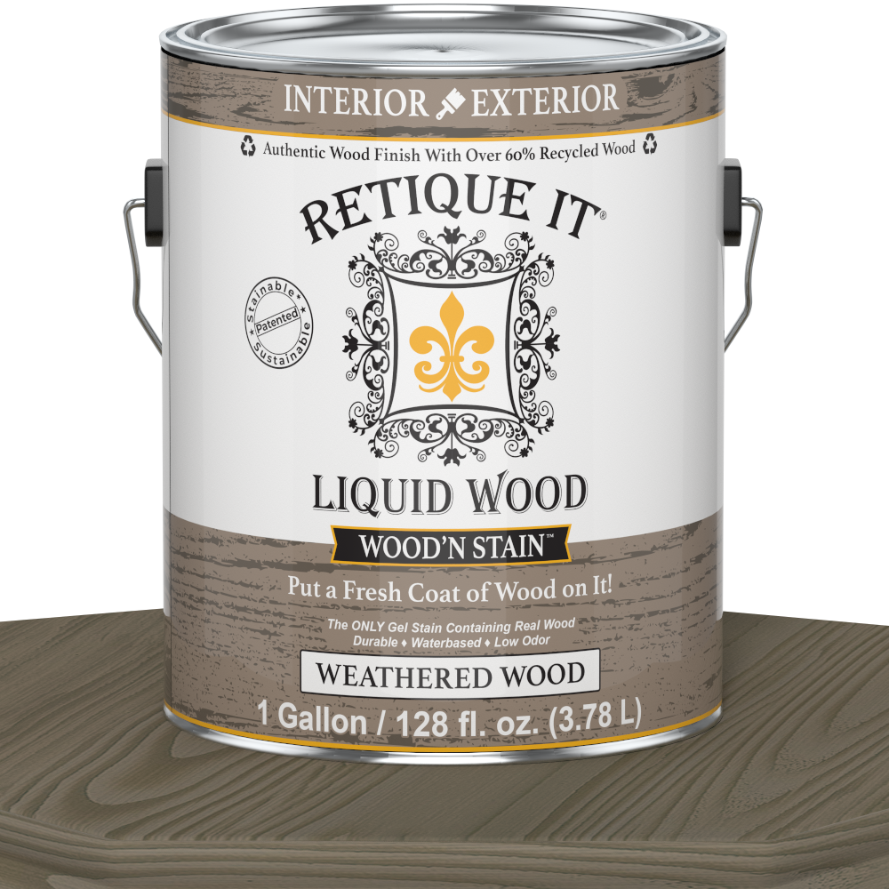 Retique It Liquid Wood Wood'n Stain in Weathered Wood, 128 oz, showcasing the stain applied to wood surface with a weathered finish.