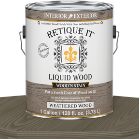 Retique It Liquid Wood Wood'n Stain in Weathered Wood, 128 oz, showcasing the stain applied to wood surface with a weathered finish.