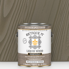 Retique It Liquid Wood Wood'n Stain in Weathered Wood, 128 oz jar, showing the stain's weathered wood finish and applicator brush.
