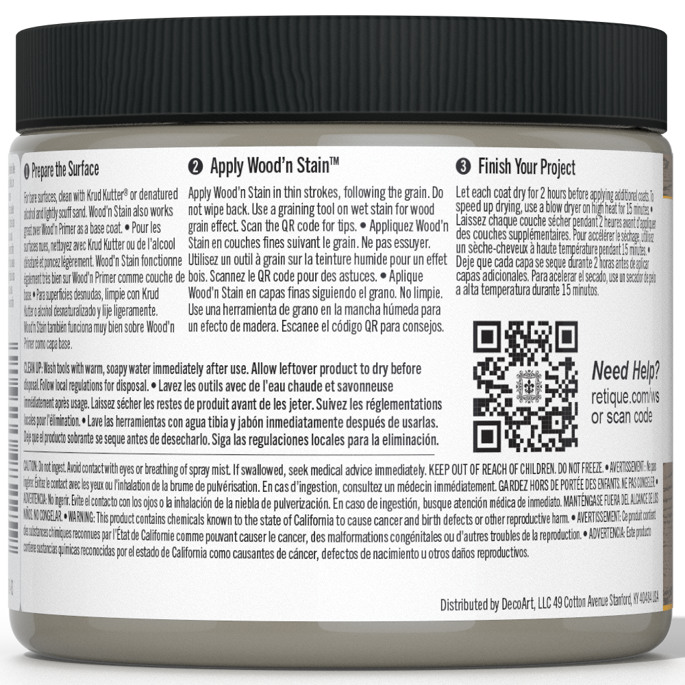 Retique It Liquid Wood Wood'n Stain in Weathered Wood, 16 oz, showcasing a weathered wood finish for staining projects.