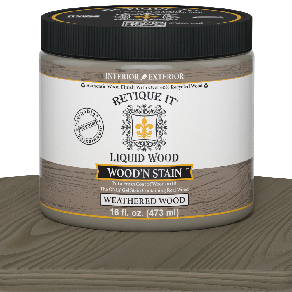 Retique It Liquid Wood Wood'n Stain in Weathered Wood, 16 oz, showcasing the stain's texture and weathered wood finish.